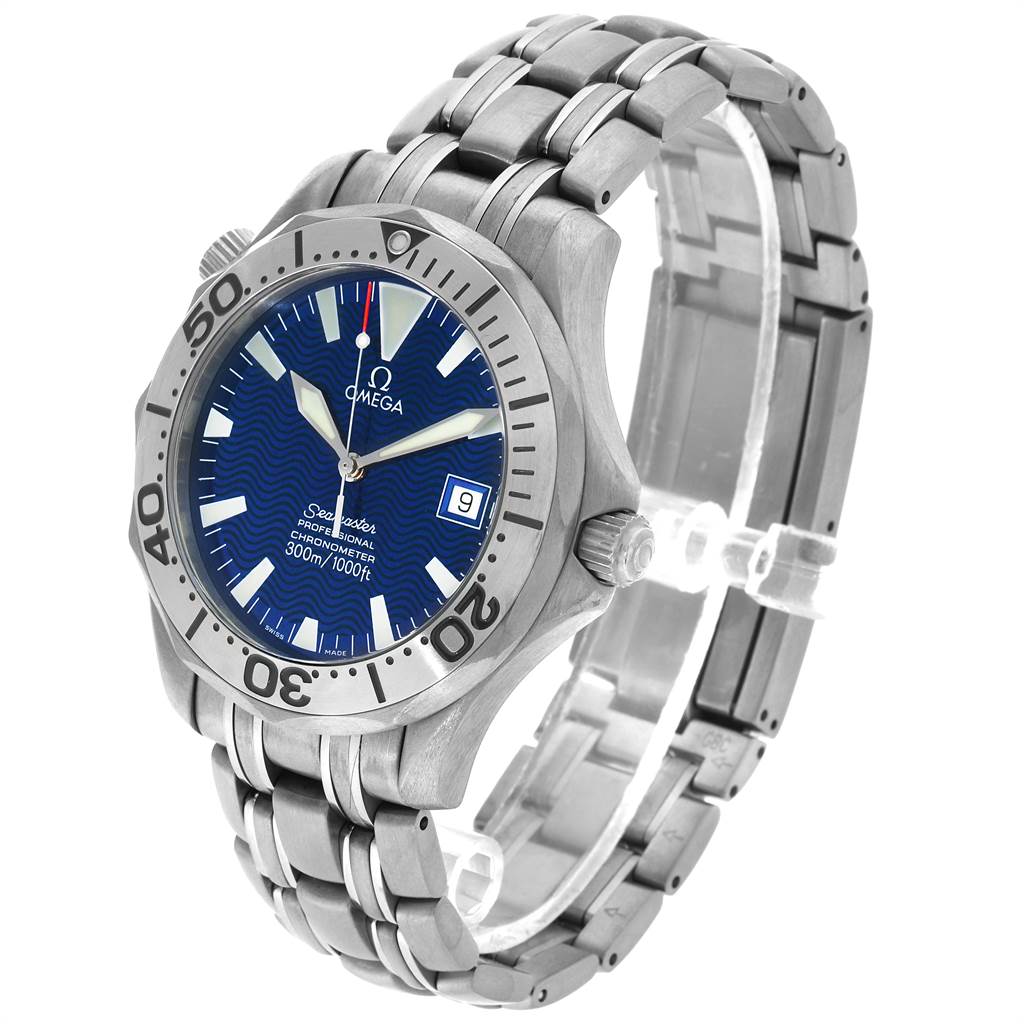 The image shows a side-angle view of an Omega Seamaster 2231.80.00 Men
s Titanium Blue Dial 2231.80.00 Men
s Titanium Blue Dial watch, featuring the dial, bezel, crown, and bracelet.