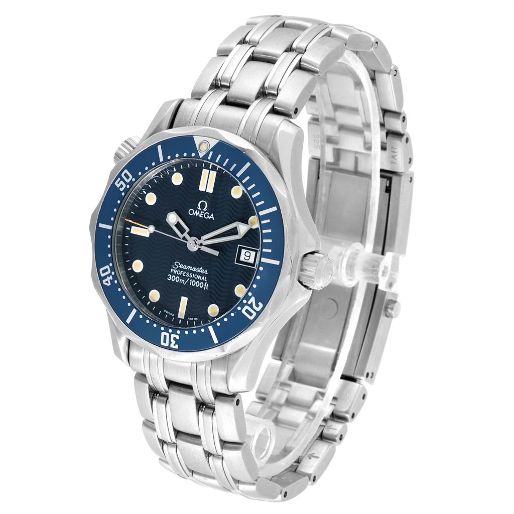 The Omega Seamaster 2561.80.00 Men
s Stainless Steel Blue Dial 2561.80.00 Men
s Stainless Steel Blue Dial watch is shown at a three-quarter angle displaying the face, case, and bracelet.
