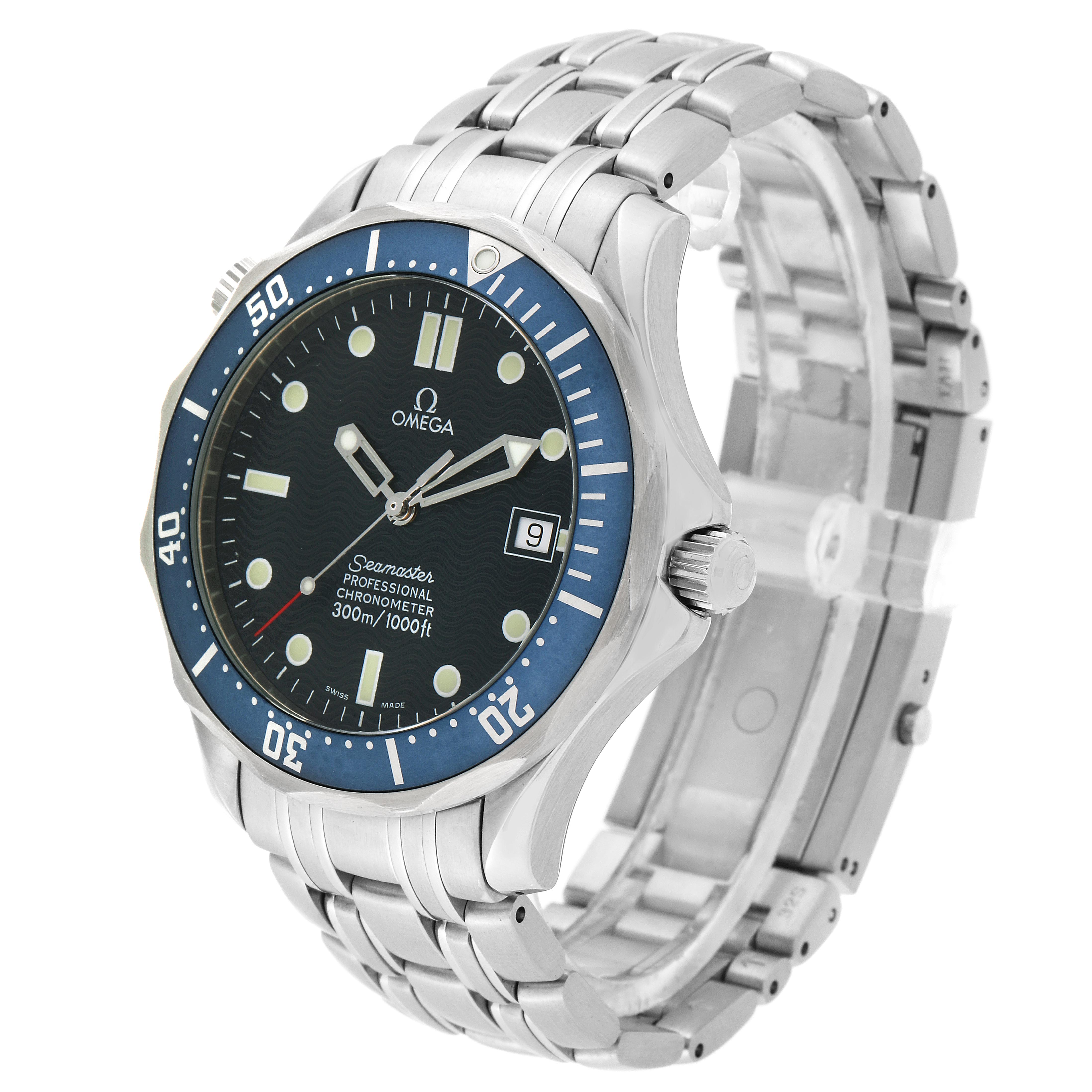 This image shows the Omega Seamaster 2531.80.00 Men
s Stainless Steel Blue Dial 2531.80.00 Men
s Stainless Steel Blue Dial watch at a three-quarter angle, displaying the dial, bezel, bracelet, and crown.