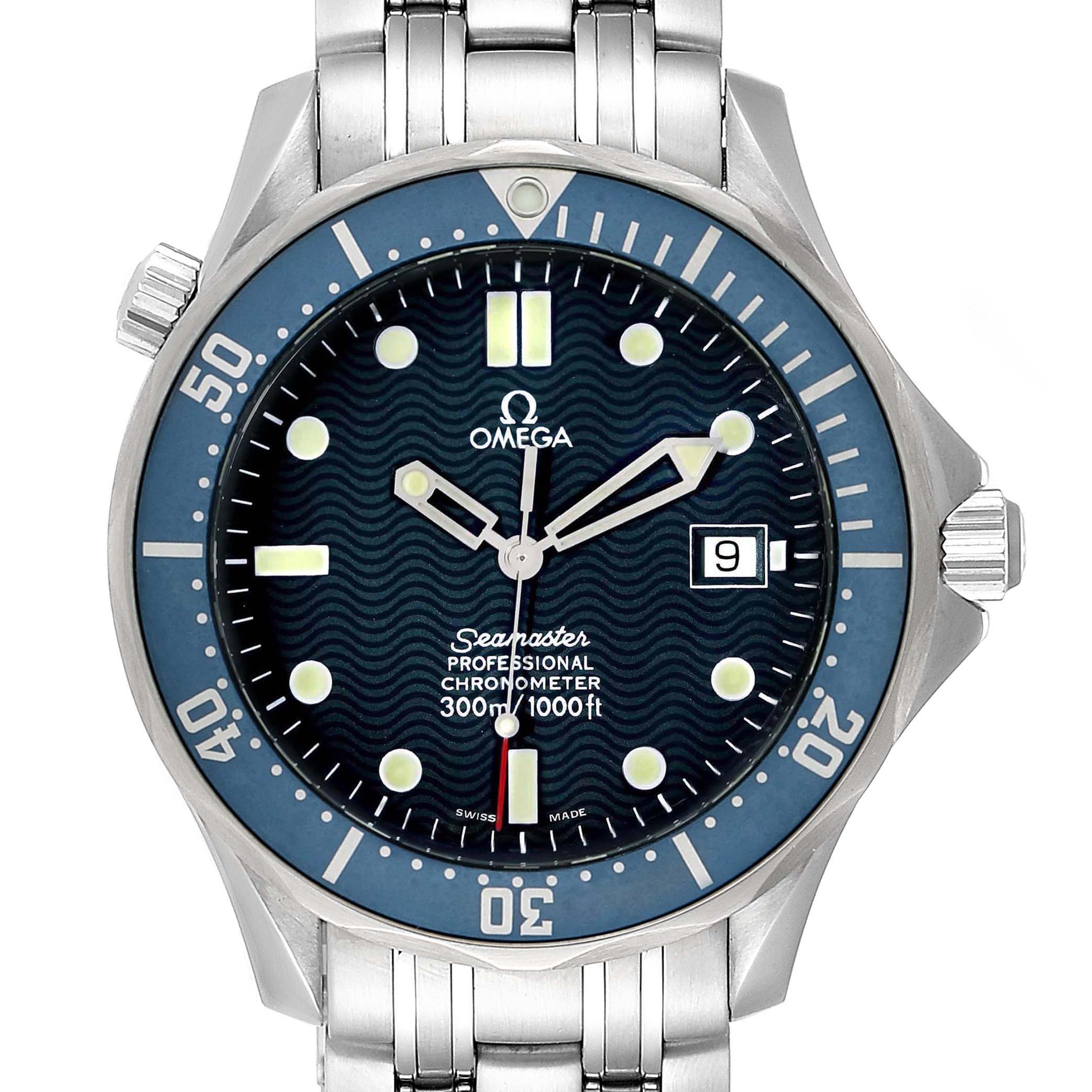 The image shows a front view of an Omega Seamaster 2531.80.00 Men
s Stainless Steel Blue Dial 2531.80.00 Men
s Stainless Steel Blue Dial watch, highlighting the dial, bezel, crown, and bracelet.