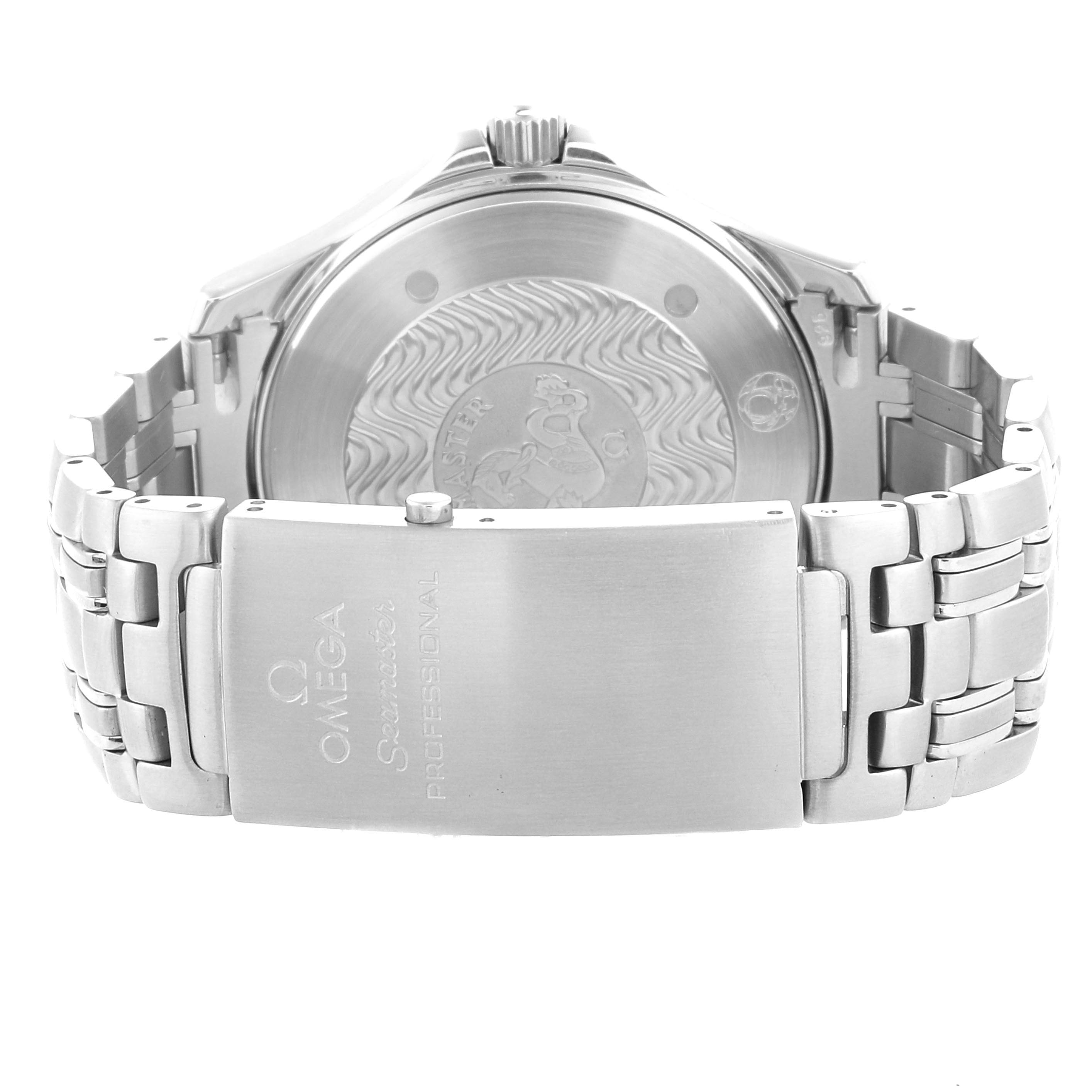 The image shows the back case and bracelet clasp of an Omega Seamaster 2531.80.00 Men
s Stainless Steel Blue Dial 2531.80.00 Men
s Stainless Steel Blue Dial watch, highlighting the engraved details and metal links.