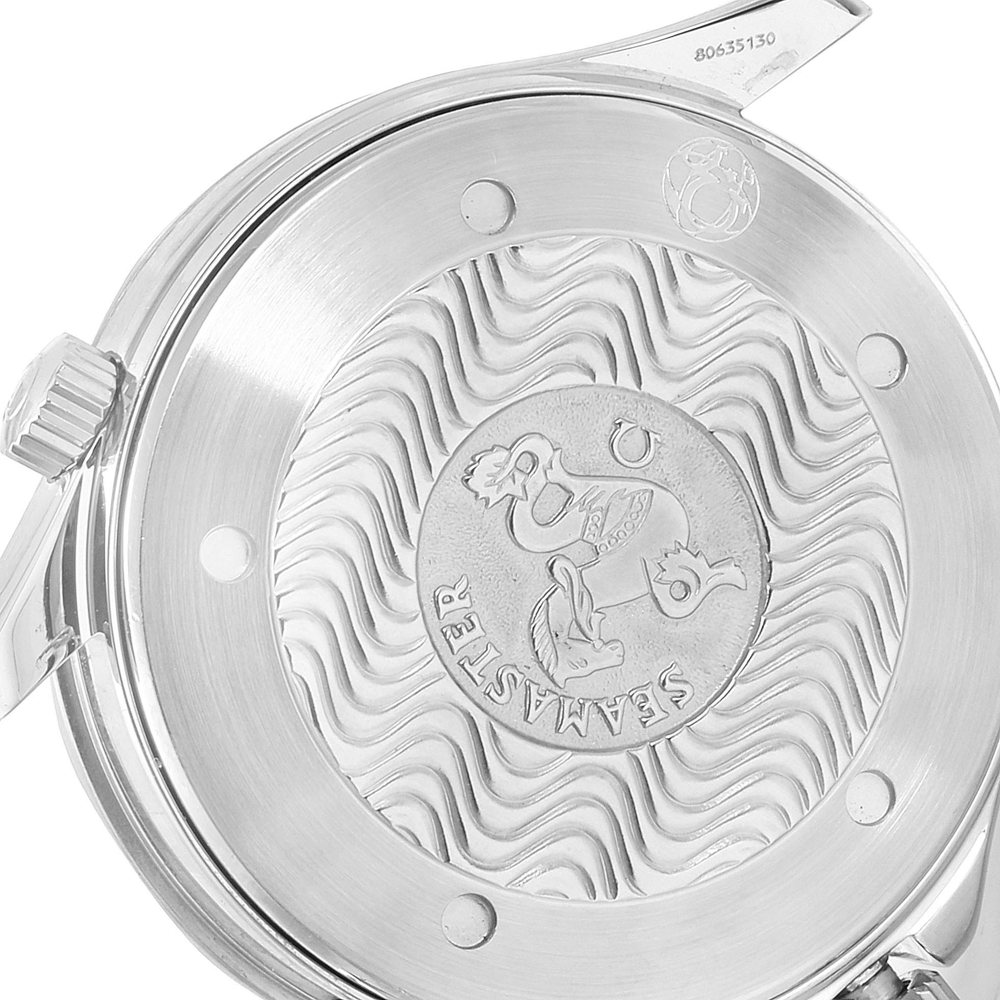 This image shows the case back with engraving detail of an Omega Seamaster 2531.80.00 Men
s Stainless Steel Blue Dial 2531.80.00 Men
s Stainless Steel Blue Dial watch.