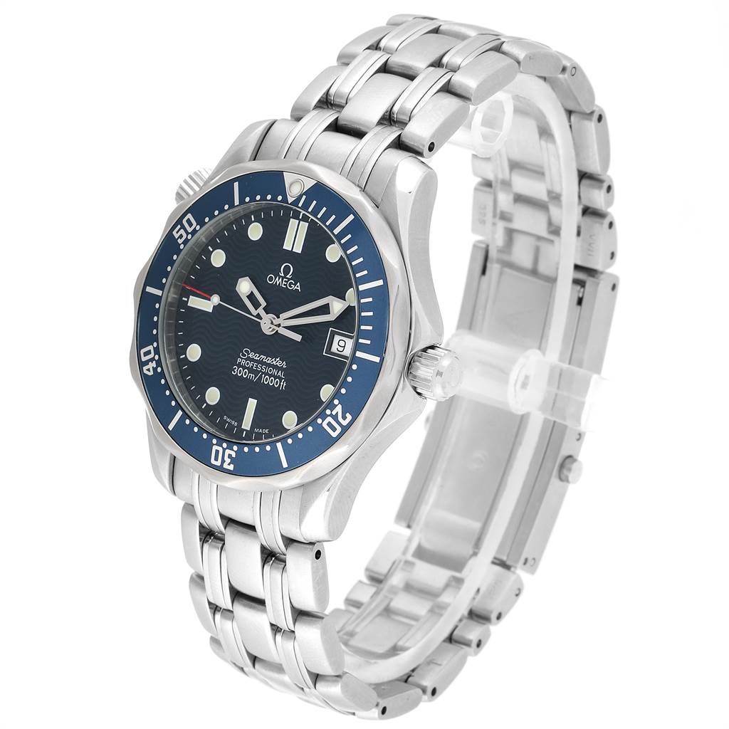 The Omega Seamaster 2561.80.00 Men
s Stainless Steel Blue Dial 2561.80.00 Men
s Stainless Steel Blue Dial watch is shown at an angled view, highlighting the face, bezel, and stainless steel bracelet.