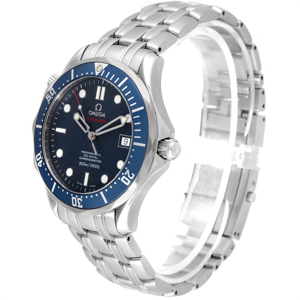 The image shows an Omega Seamaster 2220.80.00 Men
s Stainless Steel Blue Dial 2220.80.00 Men
s Stainless Steel Blue Dial watch at a three-quarter angle, highlighting the face, bezel, and bracelet.