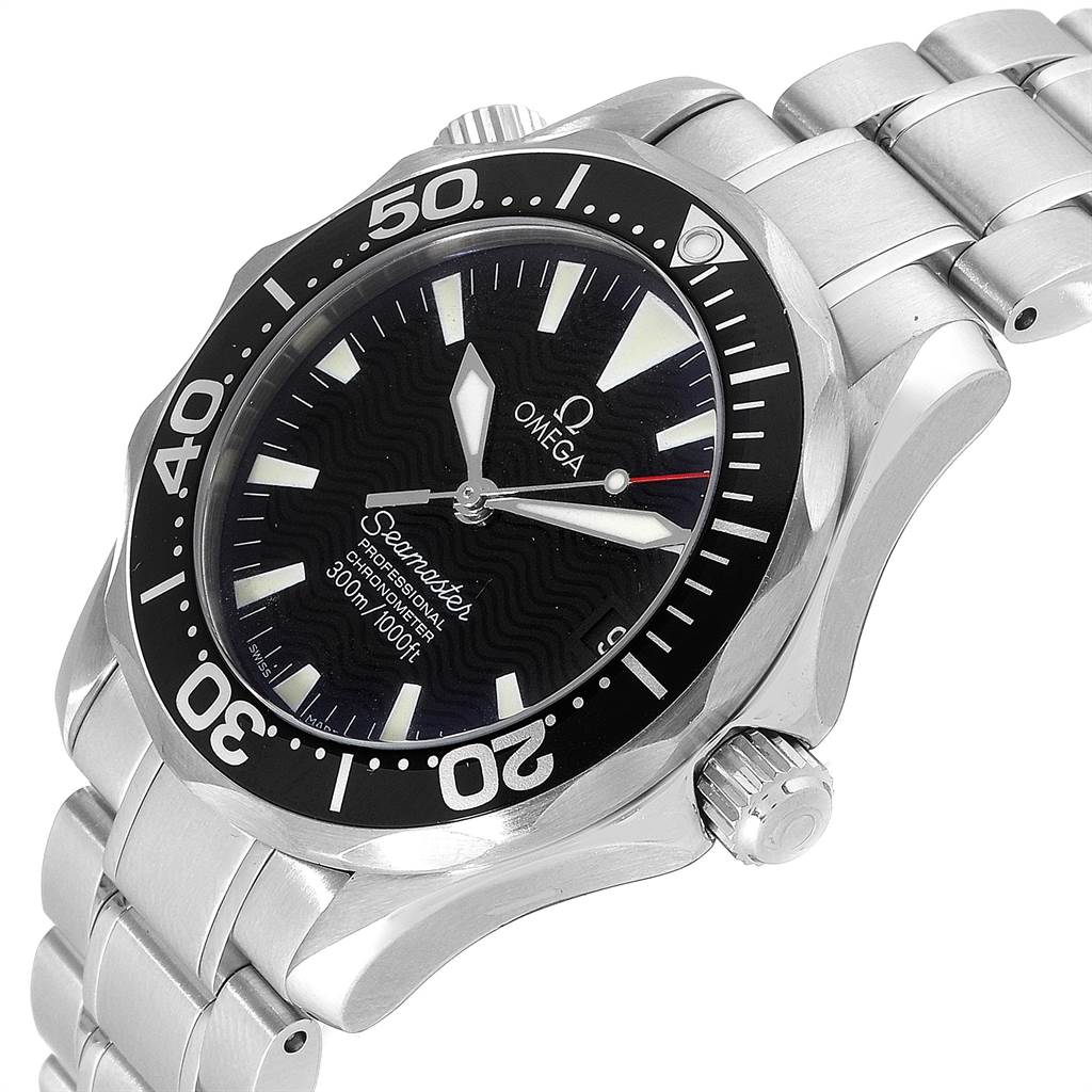 The image shows a top and slight side angle of an Omega Seamaster 2252.50.00 Men
s Stainless Steel Black Dial 2252.50.00 Men
s Stainless Steel Black Dial watch, highlighting its face, bezel, crown, and metal bracelet.
