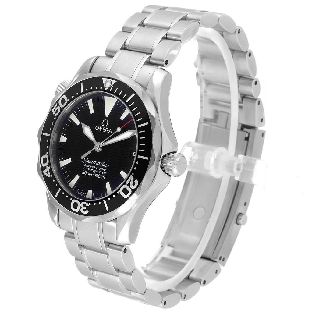 This image shows the Omega Seamaster 2252.50.00 Men
s Stainless Steel Black Dial 2252.50.00 Men
s Stainless Steel Black Dial watch from a three-quarter angle, showcasing the face, bezel, crown, and stainless steel bracelet.