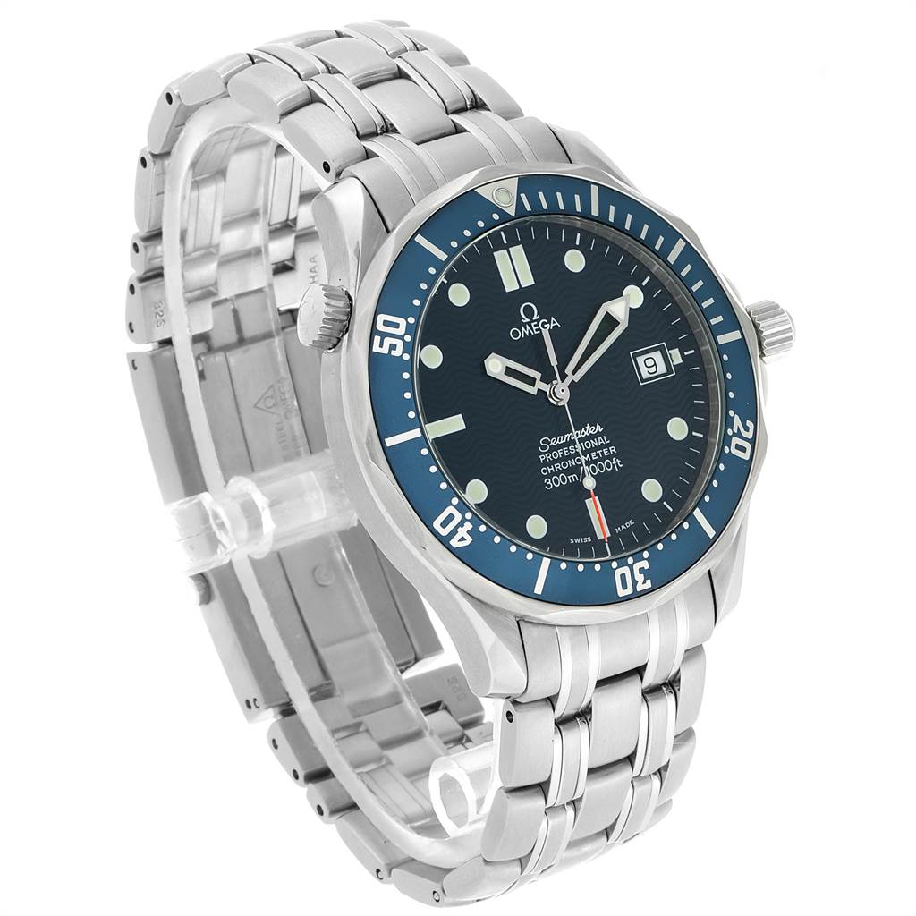 The Omega Seamaster 2531.80.00 Men
s Stainless Steel Blue Dial 2531.80.00 Men
s Stainless Steel Blue Dial watch is shown at an oblique angle, displaying the face, bezel, case, and metal bracelet.