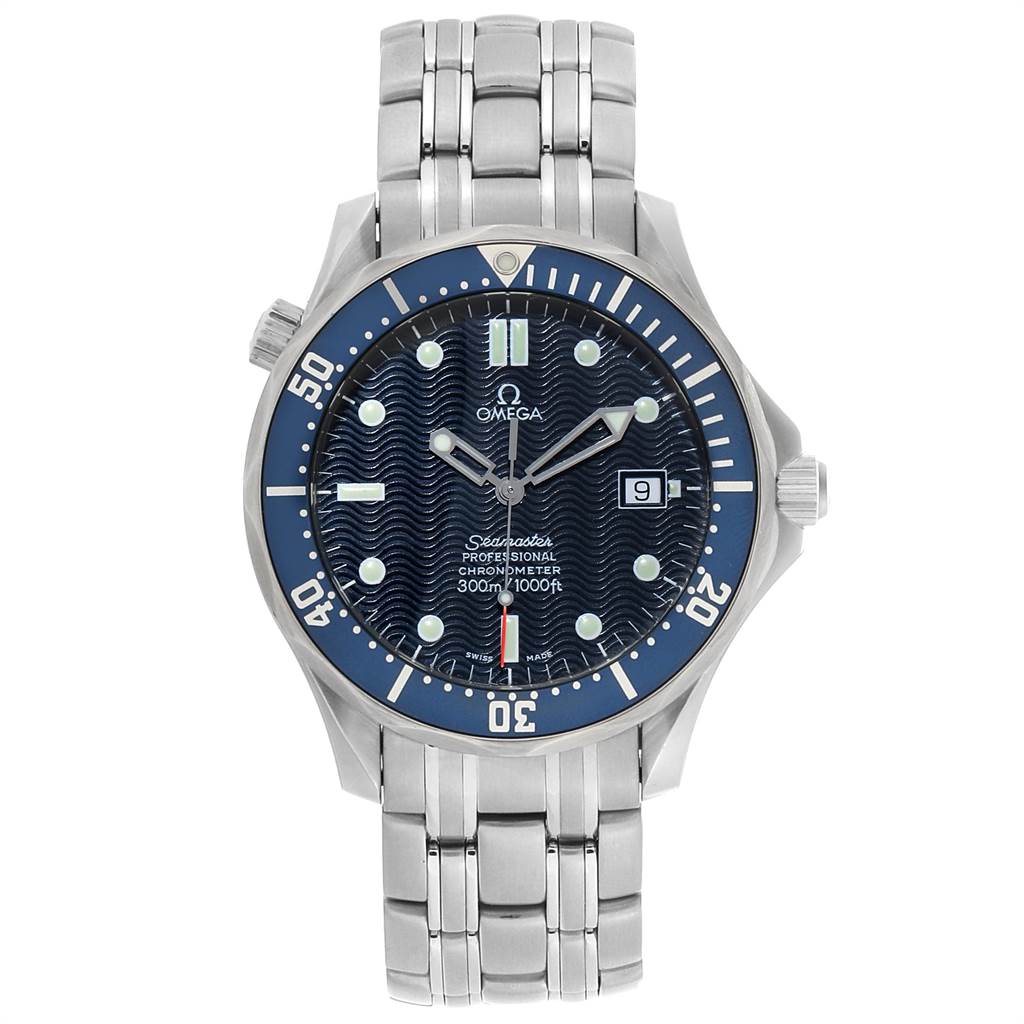 The image shows a front view of the Omega Seamaster 2531.80.00 Men
s Stainless Steel Blue Dial 2531.80.00 Men
s Stainless Steel Blue Dial watch, displaying its face, bezel, and metal bracelet.