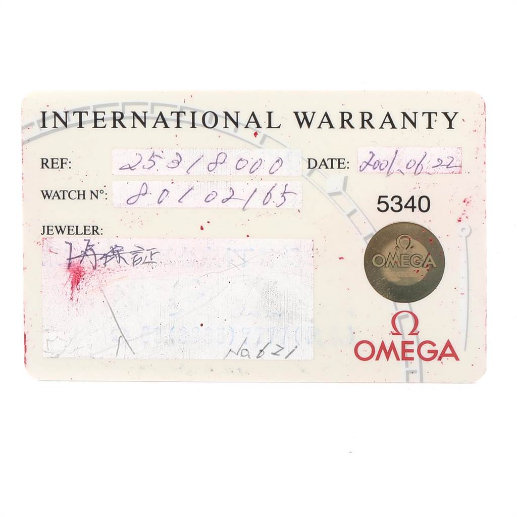 This image shows the International Warranty card for an Omega Seamaster 2531.80.00 Men
s Stainless Steel Blue Dial 2531.80.00 Men
s Stainless Steel Blue Dial watch.