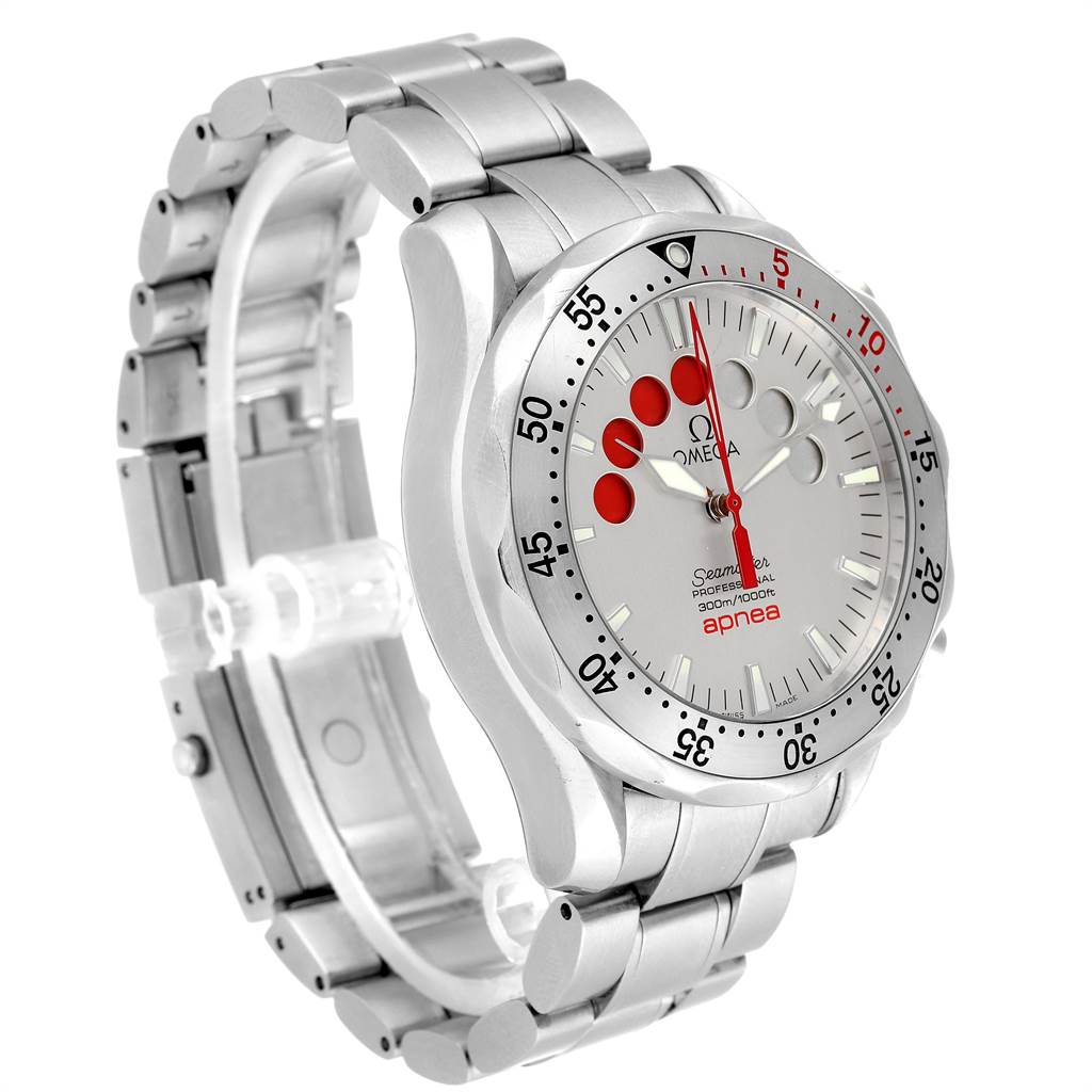 The Omega Seamaster 2595.30.00 Men
s Stainless Steel Silver Dial 2595.30.00 Men
s Stainless Steel Silver Dial watch is shown from an oblique angle, displaying its stainless steel case, bezel, dial, and bracelet.