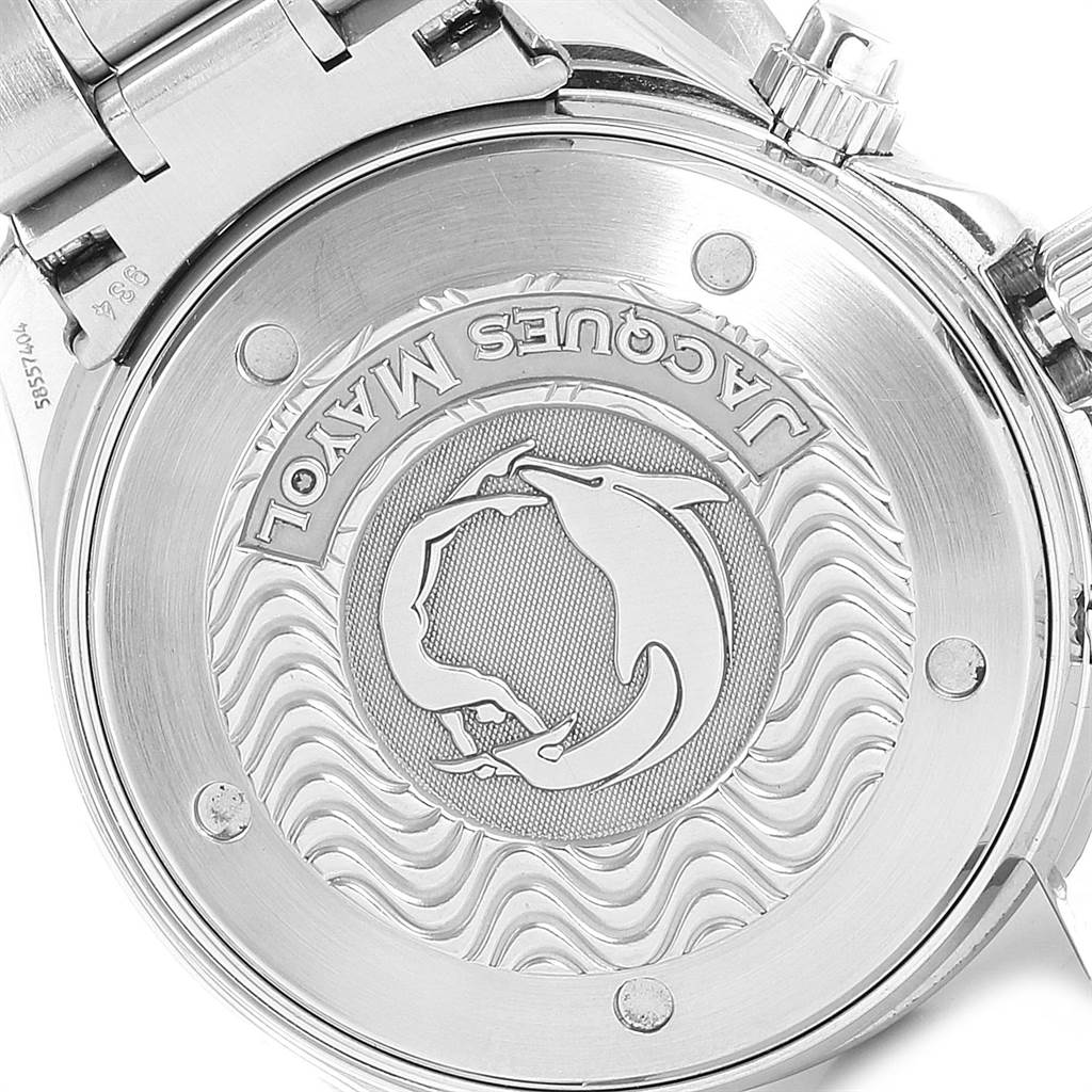 This is the back view of an Omega Seamaster 2595.30.00 Men
s Stainless Steel Silver Dial 2595.30.00 Men
s Stainless Steel Silver Dial watch, showing the engraved case back and part of the bracelet.