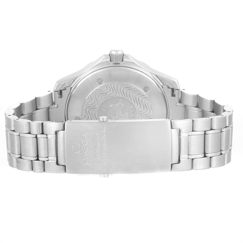 The image shows the back of an Omega Seamaster 2254.50.00 Men
s Stainless Steel Black Dial 2254.50.00 Men
s Stainless Steel Black Dial watch, focusing on the case back and metal bracelet with the clasp visible.