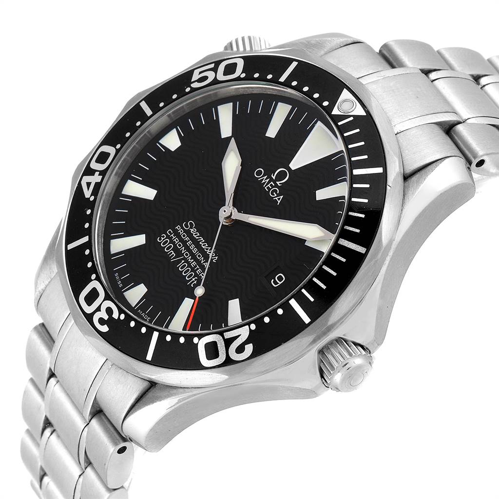The image shows an Omega Seamaster 2254.50.00 Men
s Stainless Steel Black Dial 2254.50.00 Men
s Stainless Steel Black Dial watch from an angled side view, showcasing the bezel, dial, crown, and part of the stainless steel bracelet.