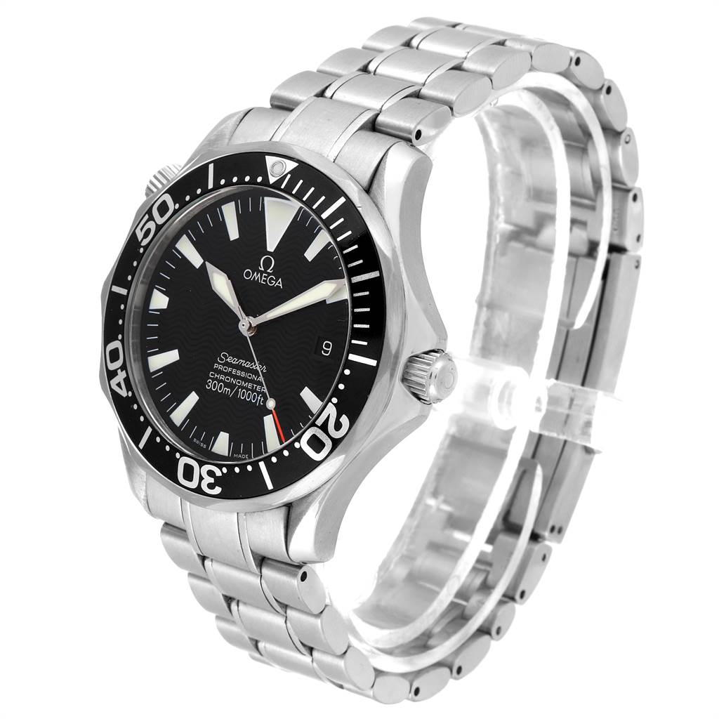 The Omega Seamaster 2254.50.00 Men
s Stainless Steel Black Dial 2254.50.00 Men
s Stainless Steel Black Dial watch is shown at a three-quarter angle, highlighting the dial, bezel, crown, and stainless steel bracelet.