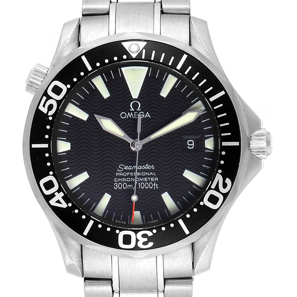 The Omega Seamaster 2254.50.00 Men
s Stainless Steel Black Dial 2254.50.00 Men
s Stainless Steel Black Dial watch is shown from a front angle, displaying its face, bezel, and bracelet.