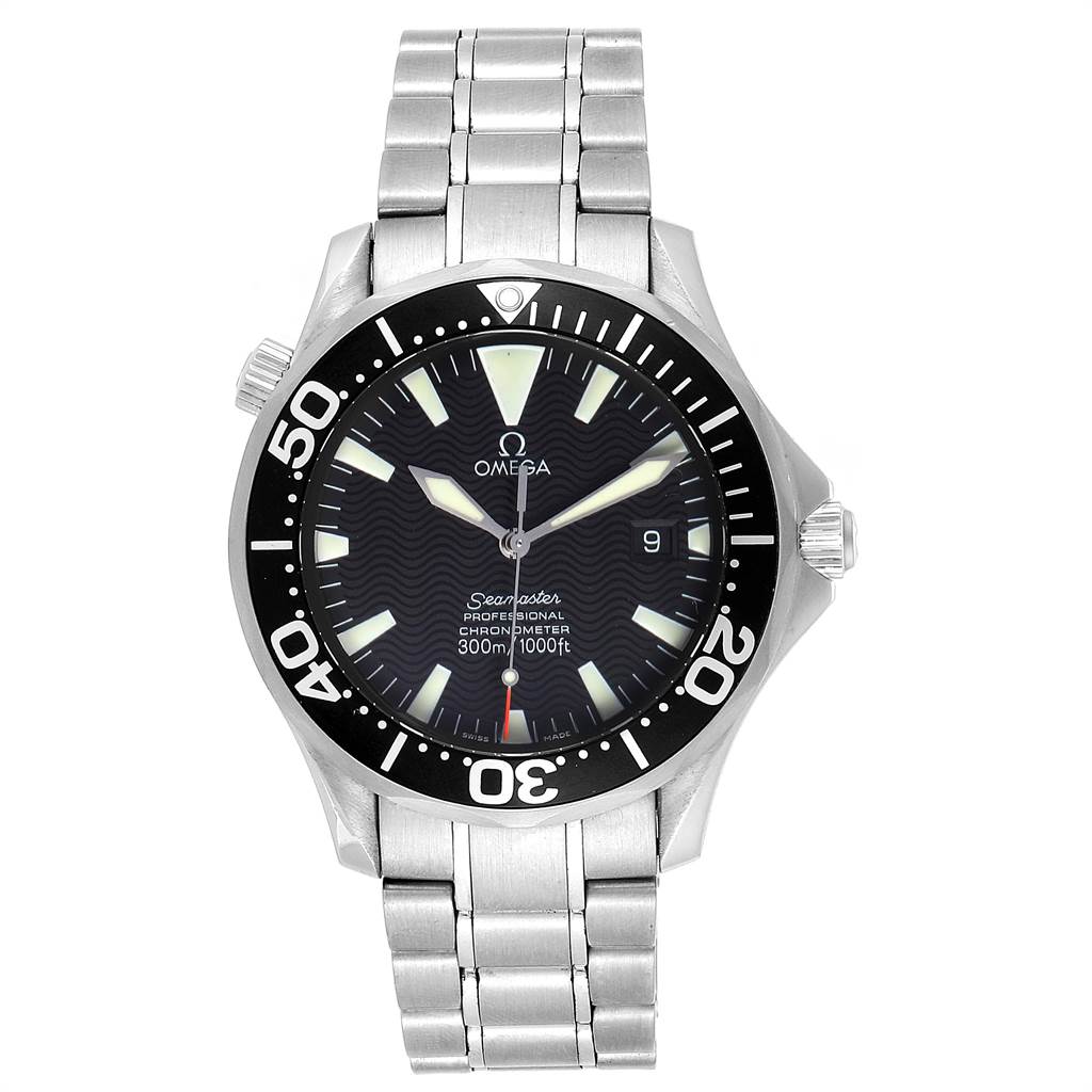 The image shows a front view of the Omega Seamaster 2254.50.00 Men
s Stainless Steel Black Dial 2254.50.00 Men
s Stainless Steel Black Dial watch, highlighting the face, bezel, and metal bracelet.