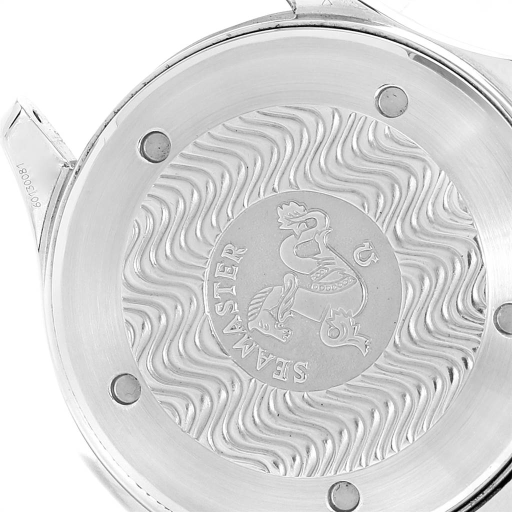 The image shows the back case of an Omega Seamaster 2531.80.00 Men's Stainless Steel Blue Dial 2531.80.00 Men's Stainless Steel Blue Dial watch featuring its engraved design and wave pattern.