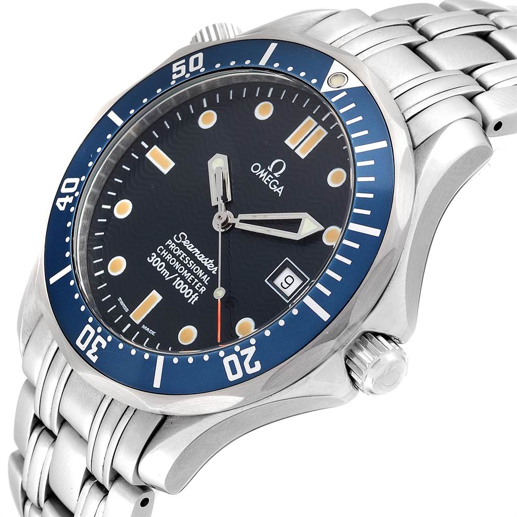 The image shows a close-up, angled view of an Omega Seamaster 2531.80.00 Men's Stainless Steel Blue Dial 2531.80.00 Men's Stainless Steel Blue Dial watch, highlighting its face, bezel, and part of the bracelet.