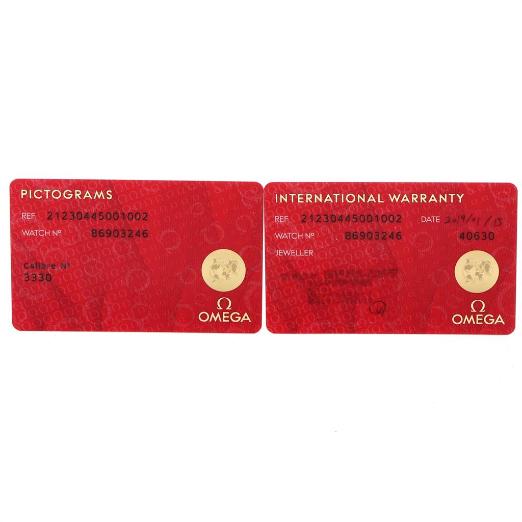 The image shows pictograms and international warranty cards for the Omega Seamaster 212.30.44.50.01.002 Men
s Stainless Steel Black Dial 212.30.44.50.01.002 Men
s Stainless Steel Black Dial watch model.