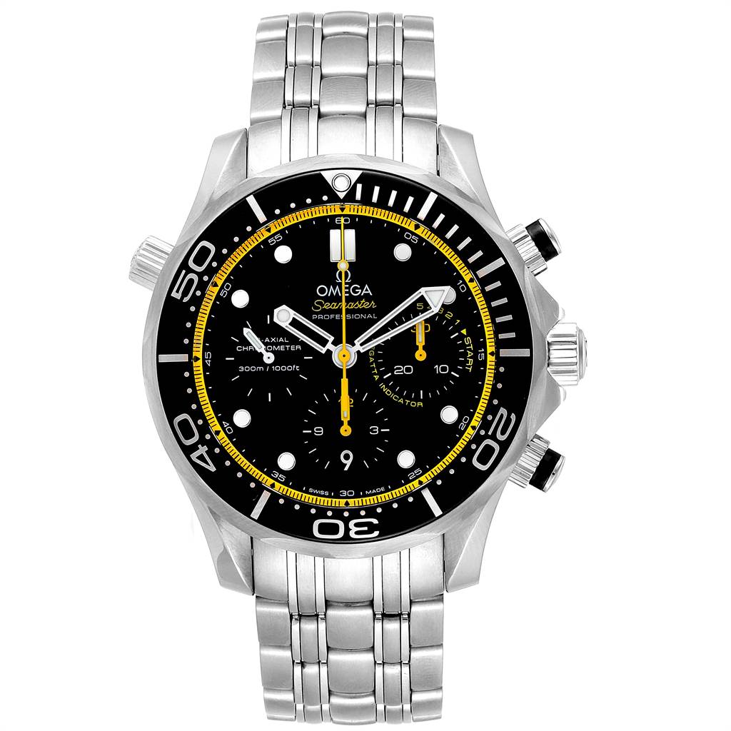 The image shows a front view of the Omega Seamaster 212.30.44.50.01.002 Men
s Stainless Steel Black Dial 212.30.44.50.01.002 Men
s Stainless Steel Black Dial watch, displaying its dial, bezel, and stainless steel bracelet.