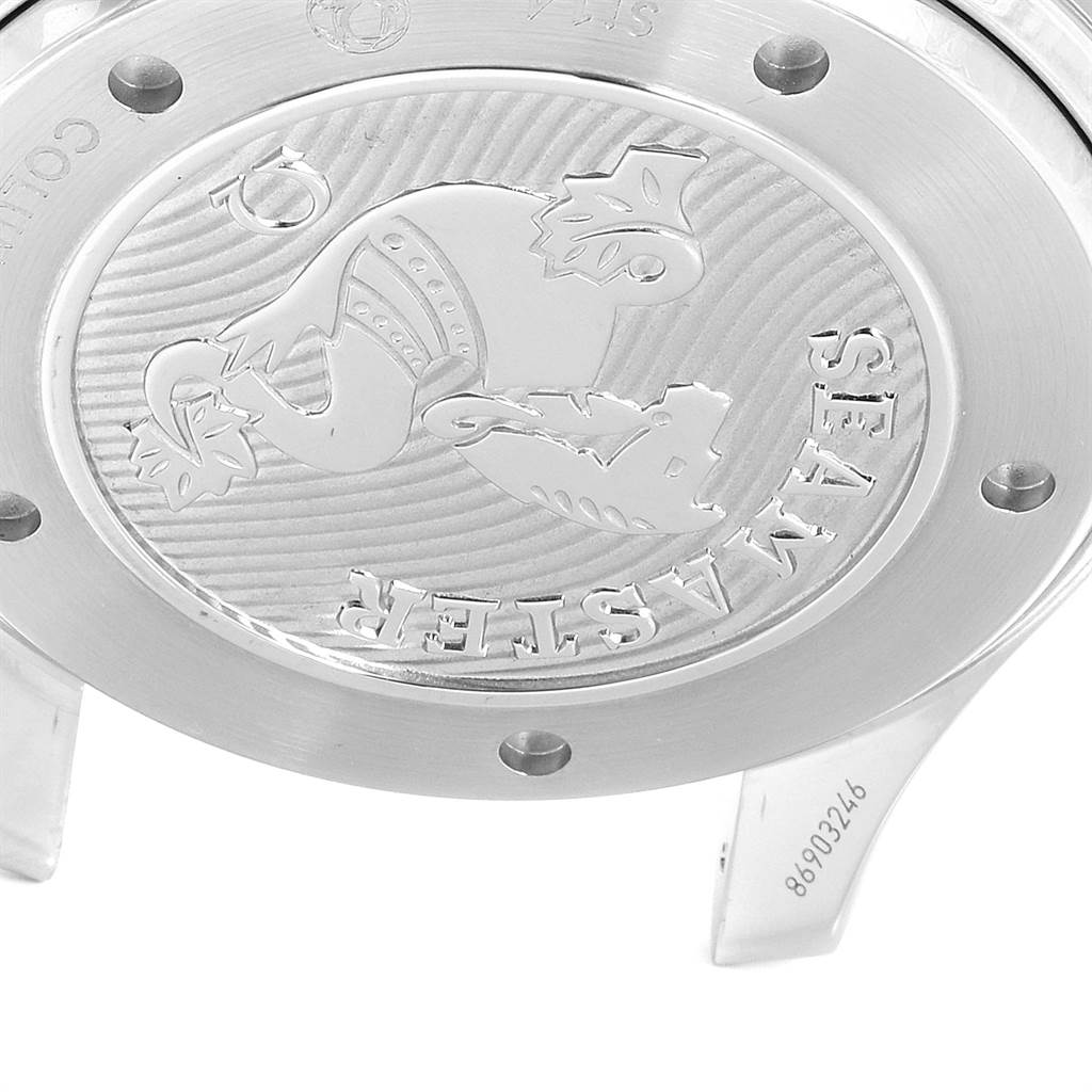 This image shows a close-up view of the case back of an Omega Seamaster 212.30.44.50.01.002 Men
s Stainless Steel Black Dial 212.30.44.50.01.002 Men
s Stainless Steel Black Dial watch.