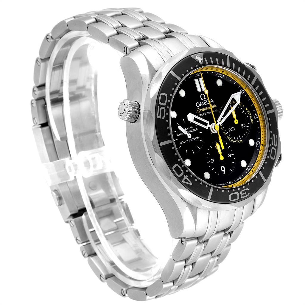 The Omega Seamaster 212.30.44.50.01.002 Men
s Stainless Steel Black Dial 212.30.44.50.01.002 Men
s Stainless Steel Black Dial watch is shown at a three-quarter angle, highlighting its steel bracelet, bezel, and dial.