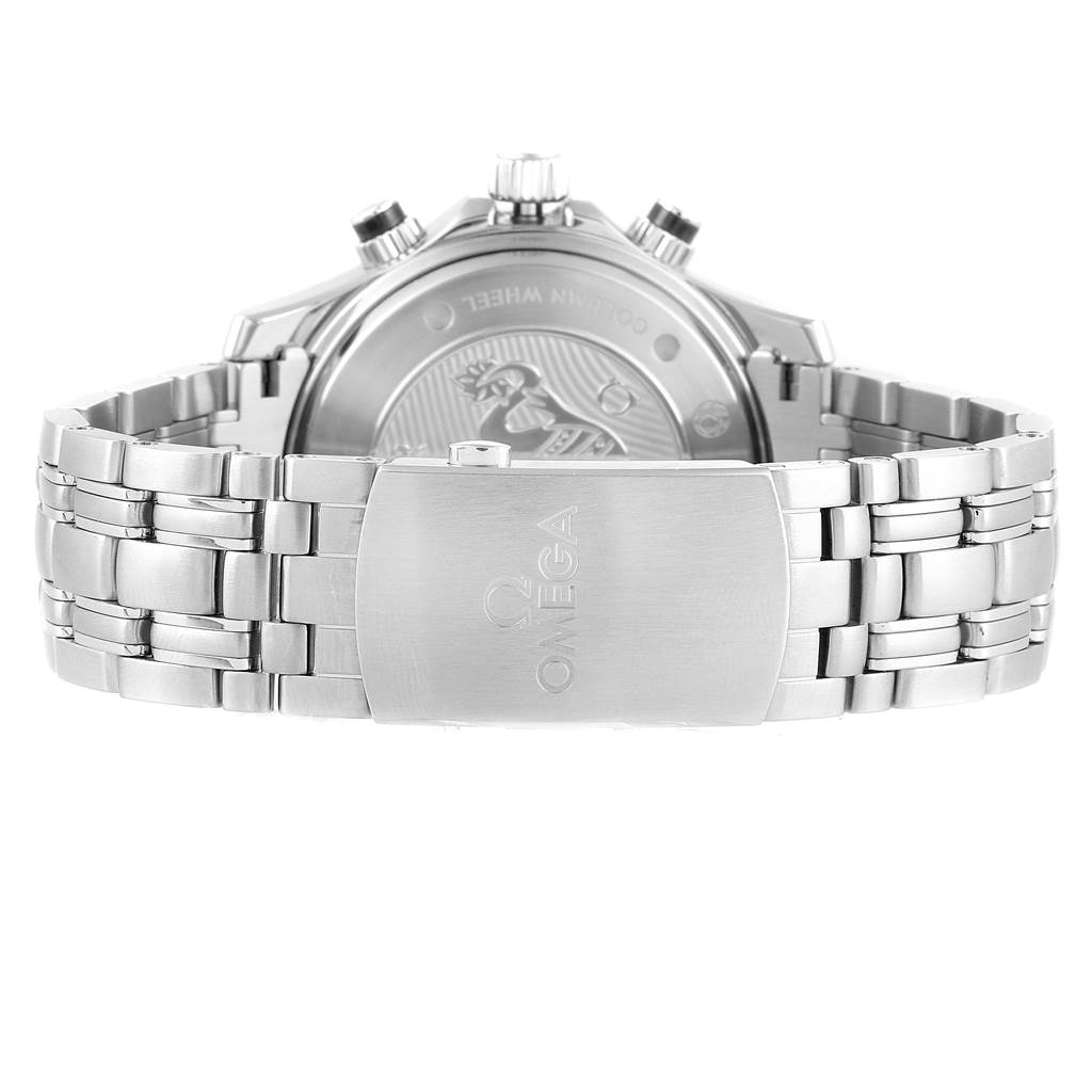 The image shows the back of the Omega Seamaster 212.30.44.50.01.002 Men
s Stainless Steel Black Dial 212.30.44.50.01.002 Men
s Stainless Steel Black Dial watch and its stainless steel bracelet and clasp.