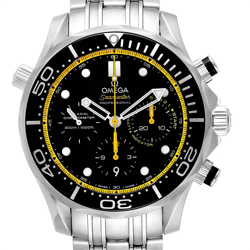 The image shows a front view of the Omega Seamaster 212.30.44.50.01.002 Men
s Stainless Steel Black Dial 212.30.44.50.01.002 Men
s Stainless Steel Black Dial watch, detailing the bezel, dial, sub-dials, hands, and bracelet.