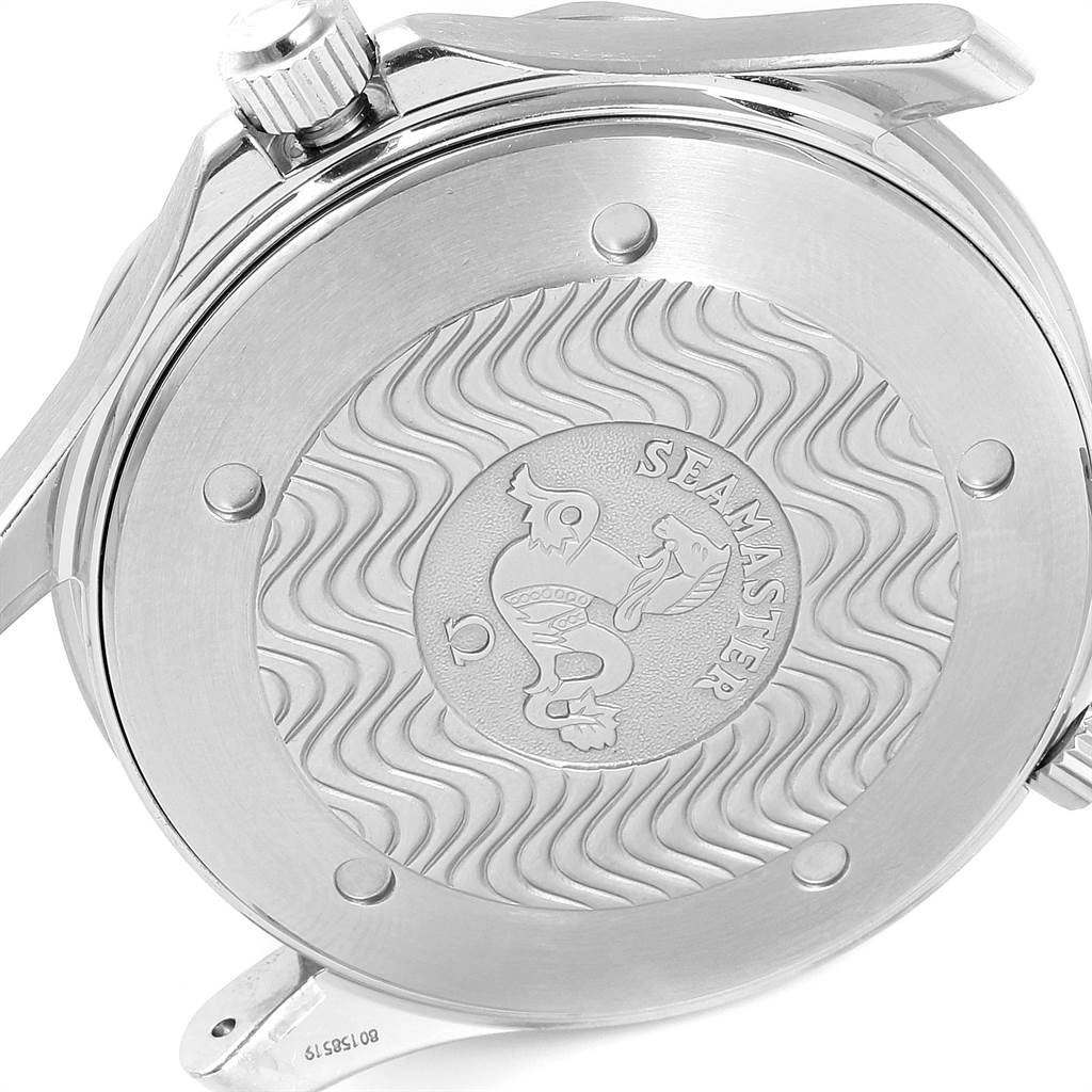 This is the back view of the Omega Seamaster 2531.80.00 Men
s Stainless Steel Blue Dial 2531.80.00 Men
s Stainless Steel Blue Dial watch, showing the engraved case back and crown.