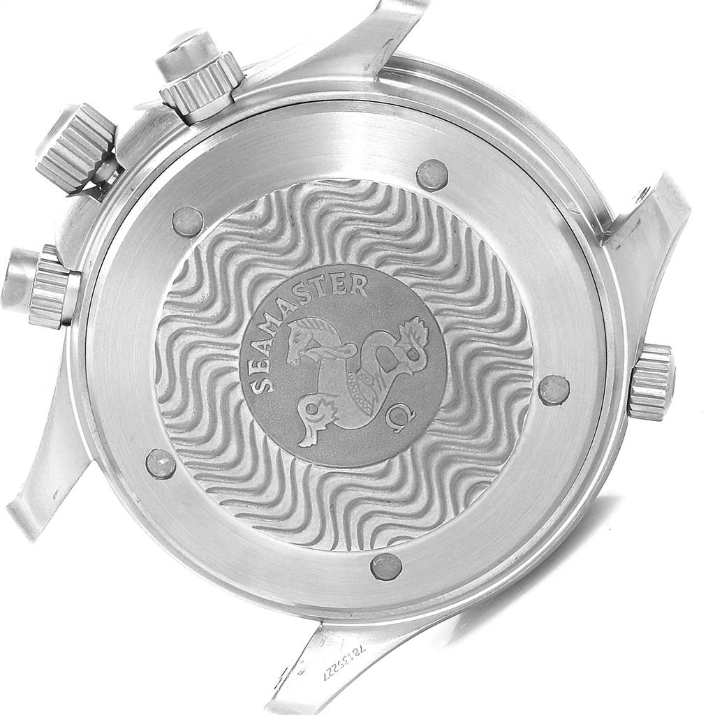 The image shows the case back of an Omega Seamaster 2293.52.00 Men's Titanium Black Dial 2293.52.00 Men's Titanium Black Dial watch, highlighting the engraved logo and surrounding metal texture.