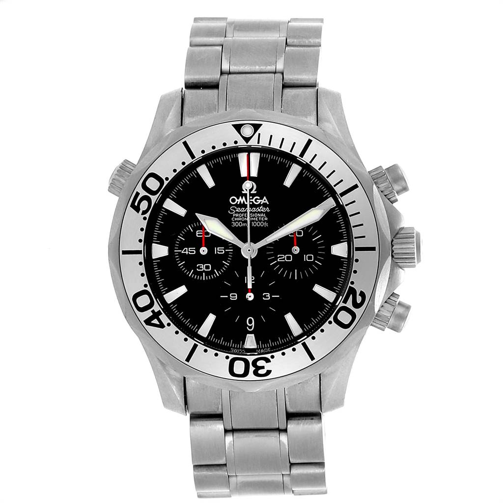 The image shows a front view of the Omega Seamaster 2293.52.00 Men's Titanium Black Dial 2293.52.00 Men's Titanium Black Dial watch, highlighting the dial, bezel, and metal bracelet.