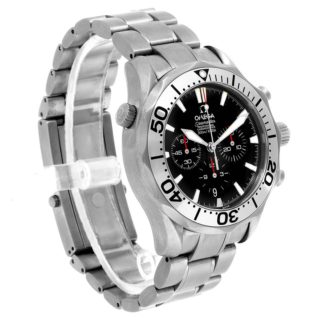 The Omega Seamaster 2293.52.00 Men's Titanium Black Dial 2293.52.00 Men's Titanium Black Dial watch is shown from a three-quarters angle, displaying the face, bezel, crown, and stainless steel bracelet.