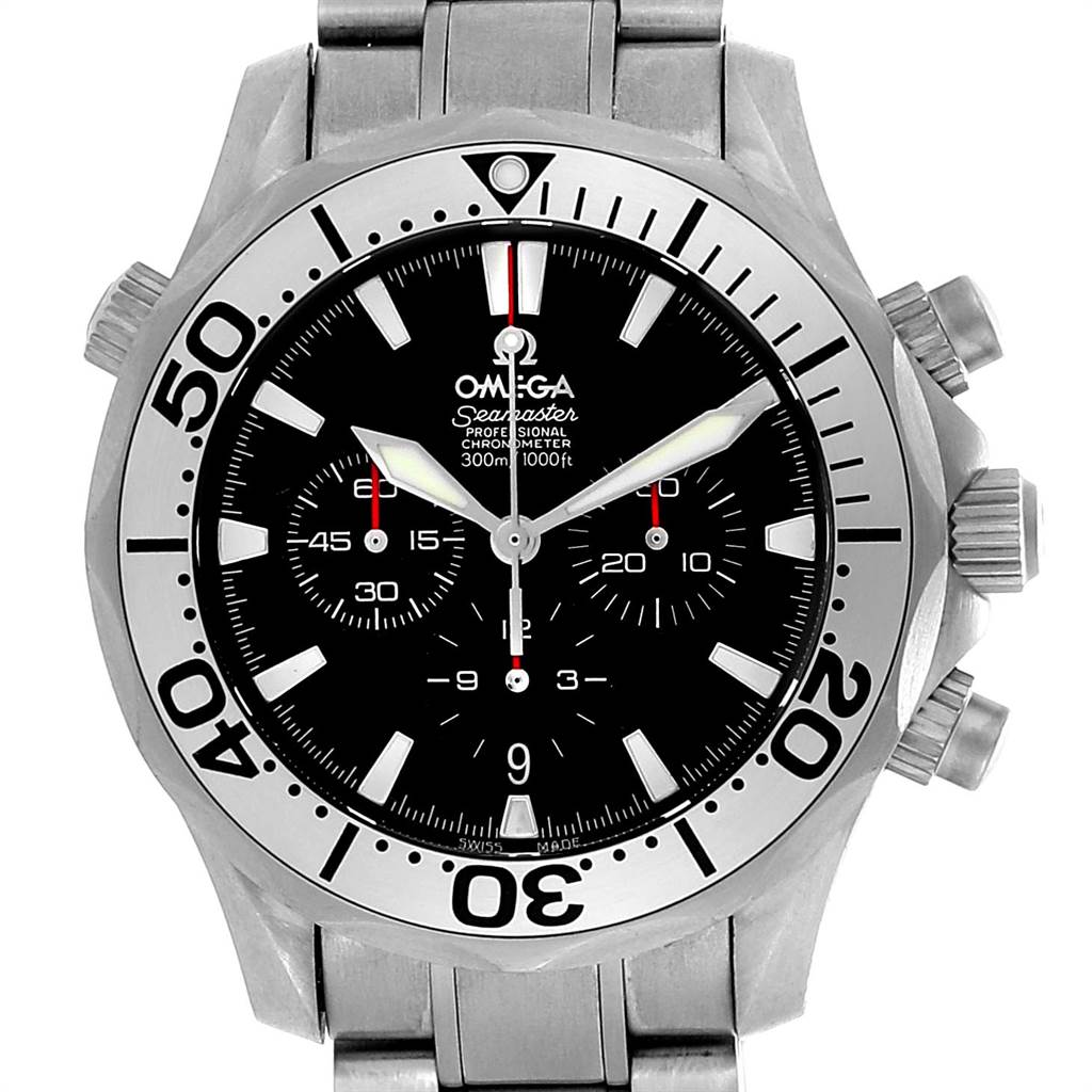 The image shows an Omega Seamaster 2293.52.00 Men's Titanium Black Dial 2293.52.00 Men's Titanium Black Dial watch at a front angle, displaying the face, bezel, crown, and bracelet.