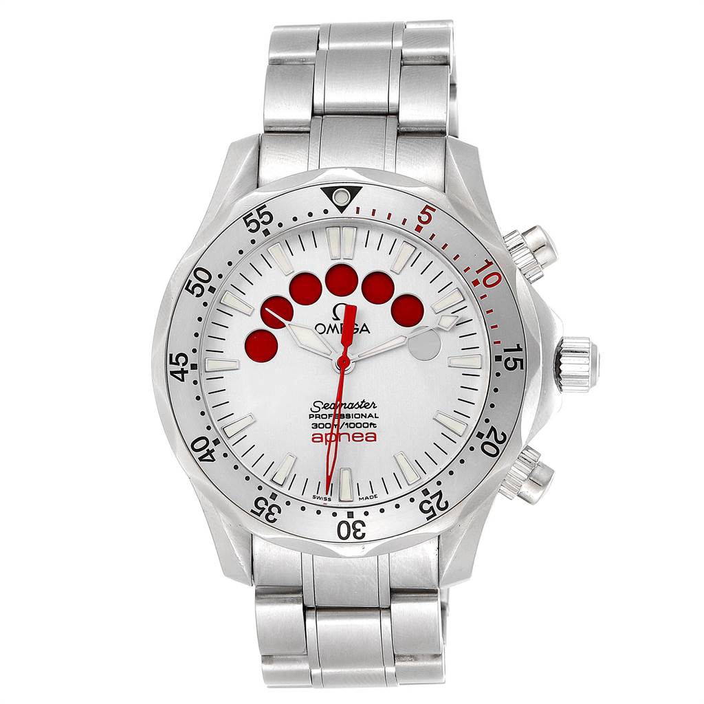 The Omega Seamaster 2595.30.00 Men
s Stainless Steel Silver Dial 2595.30.00 Men
s Stainless Steel Silver Dial watch is displayed from a front angle, showing the dial, bezel, crown, and metal bracelet.