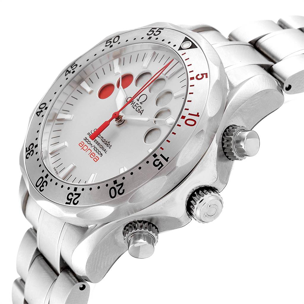 This image shows an Omega Seamaster 2595.30.00 Men
s Stainless Steel Silver Dial 2595.30.00 Men
s Stainless Steel Silver Dial watch at a 3/4 angle, highlighting its bezel, crown, pushers, and bracelet.