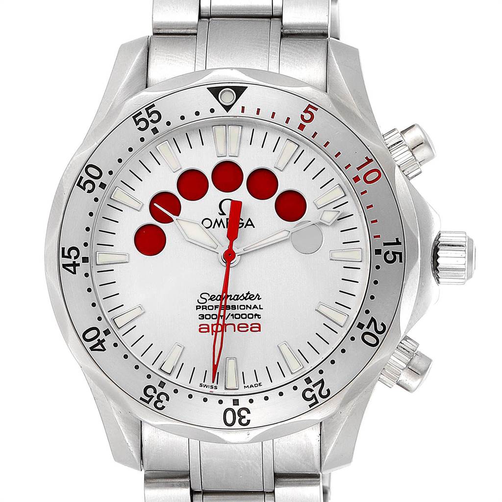 The Omega Seamaster 2595.30.00 Men
s Stainless Steel Silver Dial 2595.30.00 Men
s Stainless Steel Silver Dial watch is shown from a front angle, displaying the face, crown, and part of the bracelet.