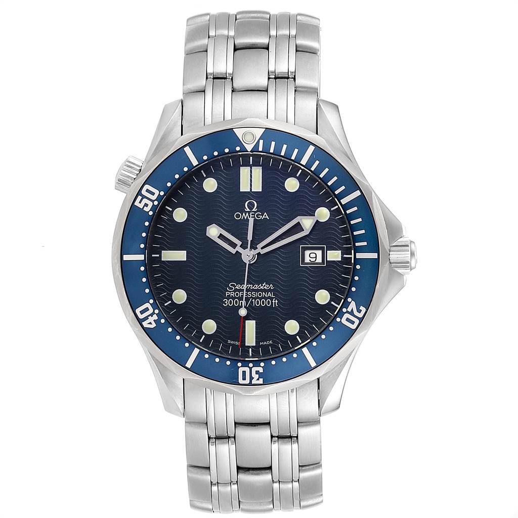 The image shows a front view of the Omega Seamaster 2541.80.00 Men
s Stainless Steel Blue Dial 2541.80.00 Men
s Stainless Steel Blue Dial watch, displaying its face, bezel, bracelet, and date window.