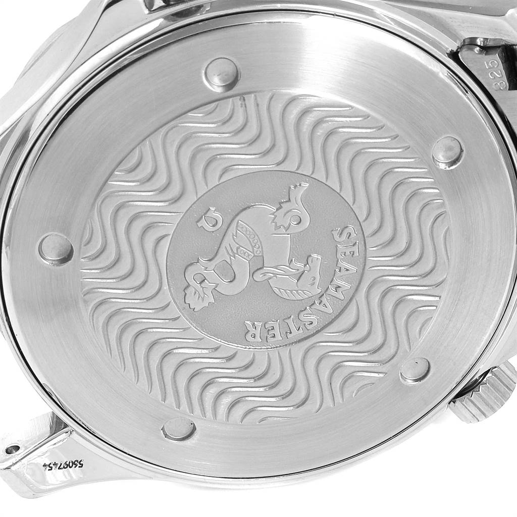 This image shows the case back of the Omega Seamaster 2541.80.00 Men
s Stainless Steel Blue Dial 2541.80.00 Men
s Stainless Steel Blue Dial watch from a close-up rear angle.