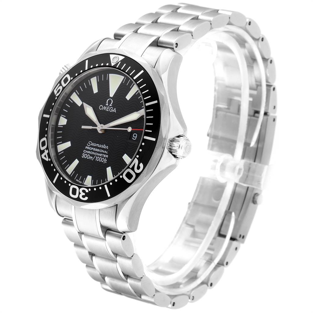 This Omega Seamaster 2254.50.00 Men
s Stainless Steel Black Dial 2254.50.00 Men
s Stainless Steel Black Dial watch is shown at a three-quarter angle, highlighting its face, bezel, crown, and stainless steel bracelet.