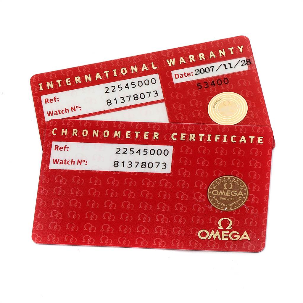 The image shows the International Warranty and Chronometer Certificate cards for an Omega Seamaster 2254.50.00 Men
s Stainless Steel Black Dial 2254.50.00 Men
s Stainless Steel Black Dial watch.