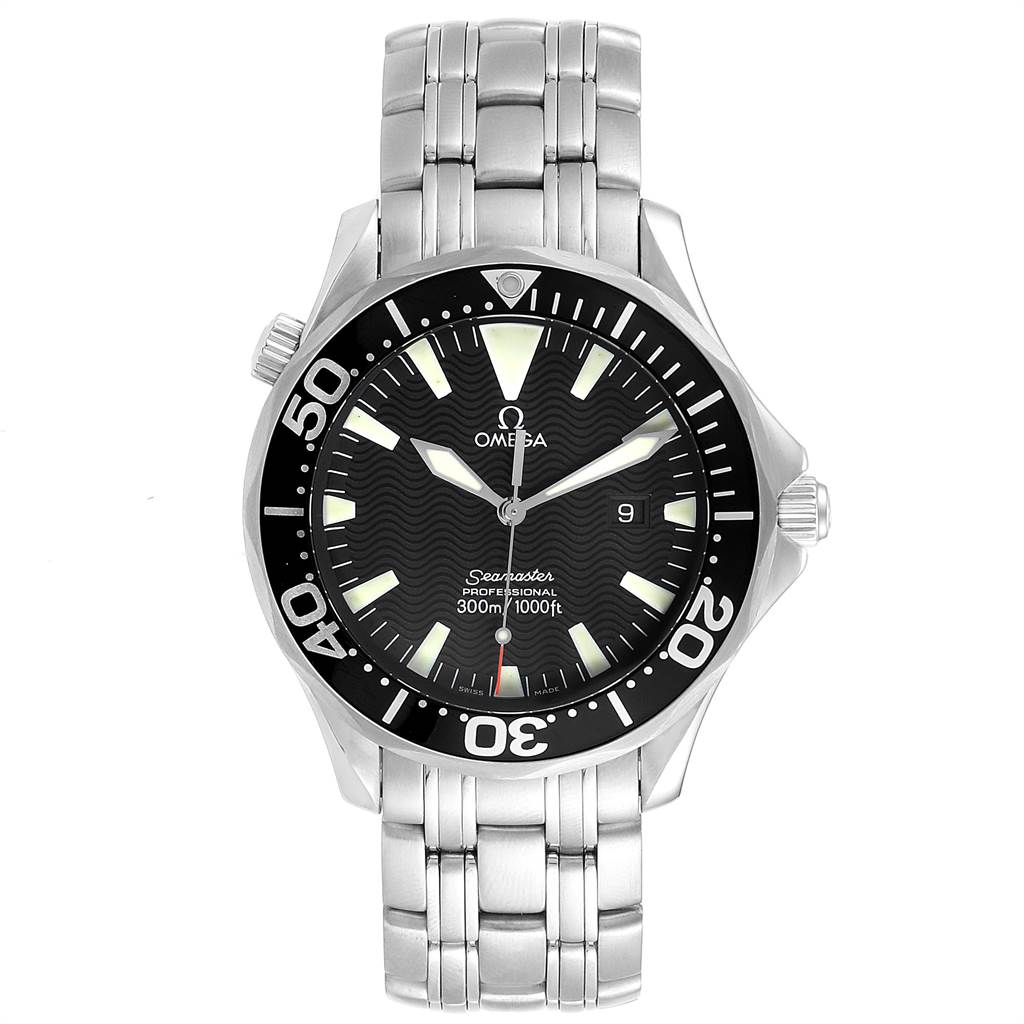 The image shows a front view of an Omega Seamaster 2064.50.00 Men
s Stainless Steel Black Dial 2064.50.00 Men
s Stainless Steel Black Dial watch, displaying the dial, bezel, and part of the bracelet.