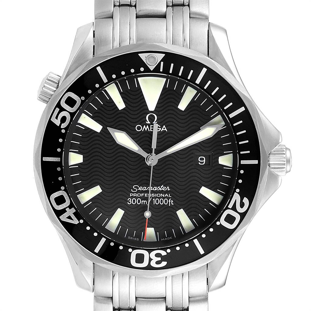 The image shows the front view of an Omega Seamaster 2064.50.00 Men
s Stainless Steel Black Dial 2064.50.00 Men
s Stainless Steel Black Dial watch, highlighting the dial, bezel, and part of the metal bracelet.