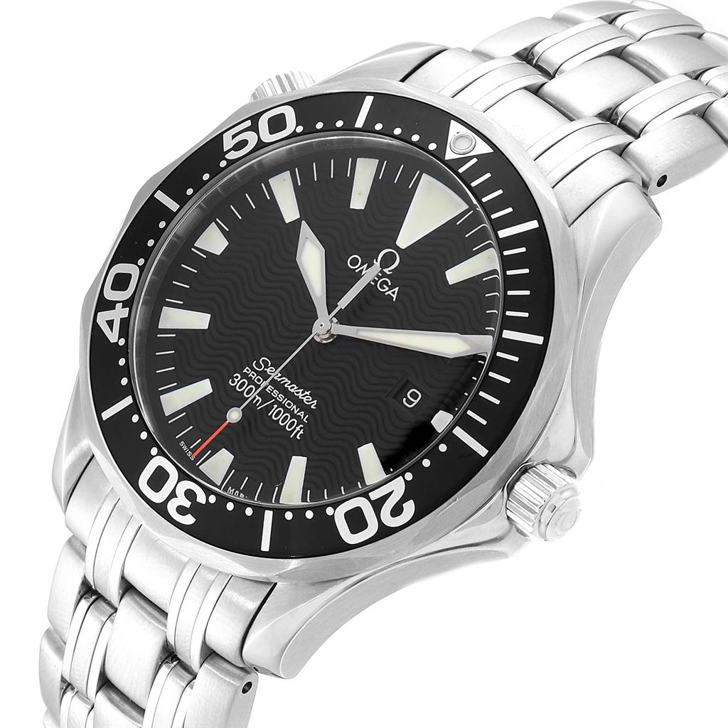 The image shows an angled view of the Omega Seamaster 2064.50.00 Men
s Stainless Steel Black Dial 2064.50.00 Men
s Stainless Steel Black Dial watch, highlighting its face, bezel, and part of the bracelet.