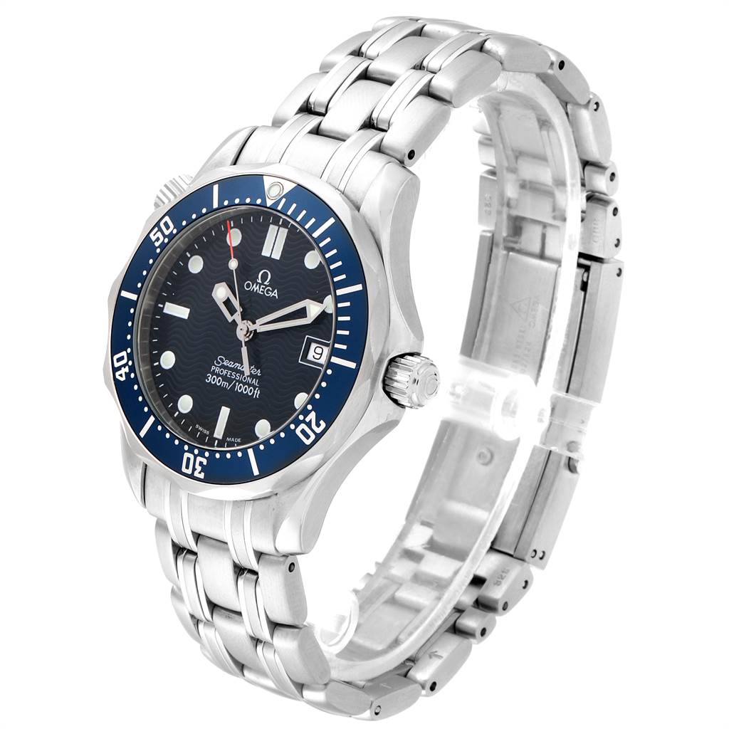 The image shows an Omega Seamaster 2561.80.00 Men
s Stainless Steel Blue Dial 2561.80.00 Men
s Stainless Steel Blue Dial watch at a three-quarter angle, highlighting its blue bezel, dial, and stainless steel bracelet.