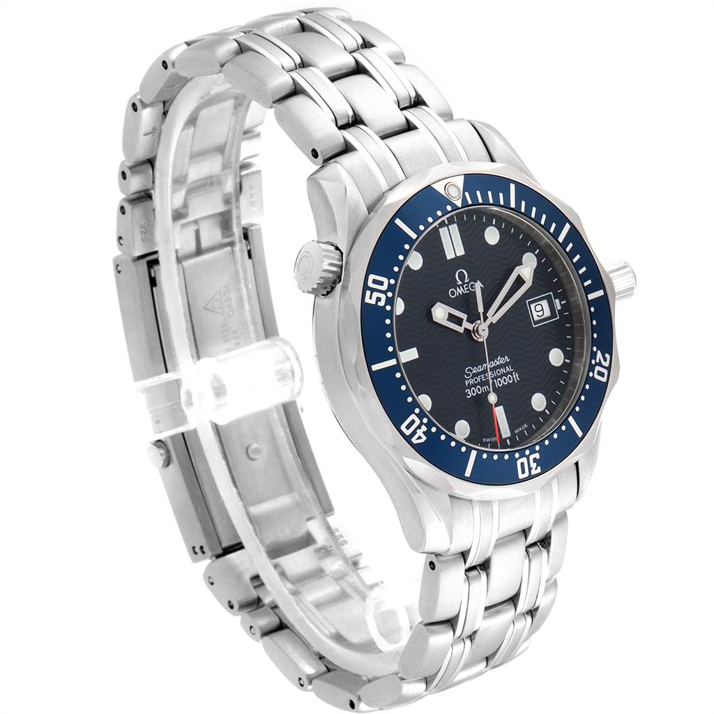 The image shows an Omega Seamaster 2561.80.00 Men
s Stainless Steel Blue Dial 2561.80.00 Men
s Stainless Steel Blue Dial watch angled to display the face, bezel, crown, and partially open stainless steel bracelet.