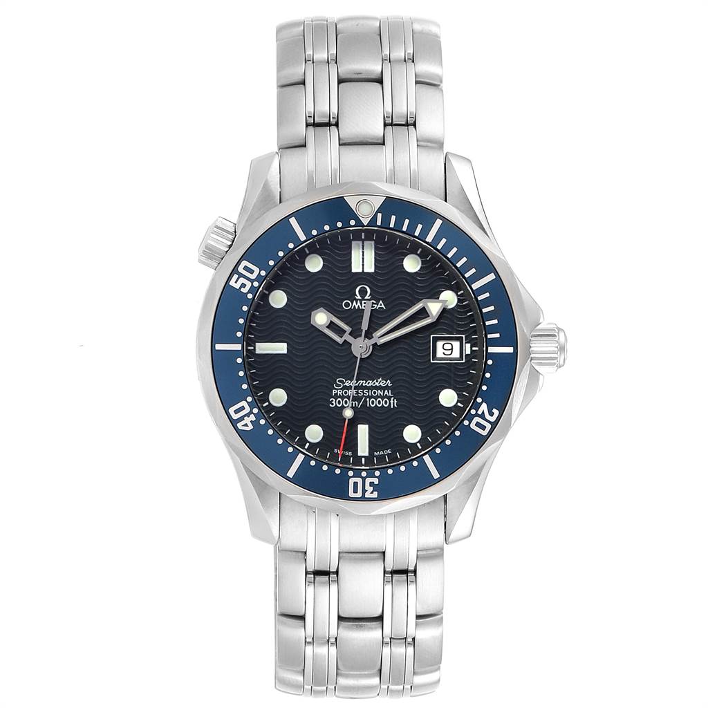 The image shows a frontal view of the Omega Seamaster 2561.80.00 Men
s Stainless Steel Blue Dial 2561.80.00 Men
s Stainless Steel Blue Dial watch, displaying the face, bezel, and metal bracelet.