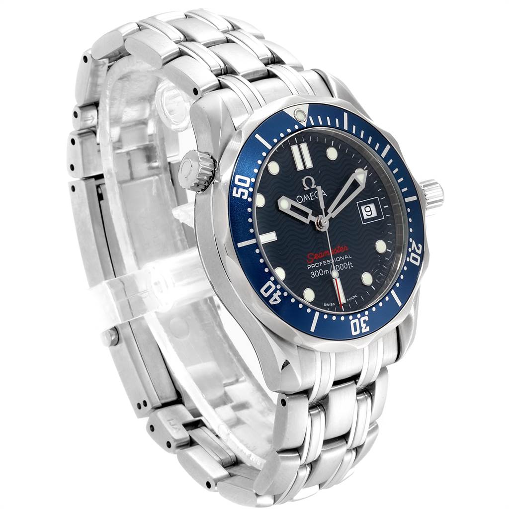 The Omega Seamaster 2223.80.00 Men
s Stainless Steel Blue Dial 2223.80.00 Men
s Stainless Steel Blue Dial watch is shown at a three-quarter angle, highlighting its stainless steel band, blue bezel, and dial.