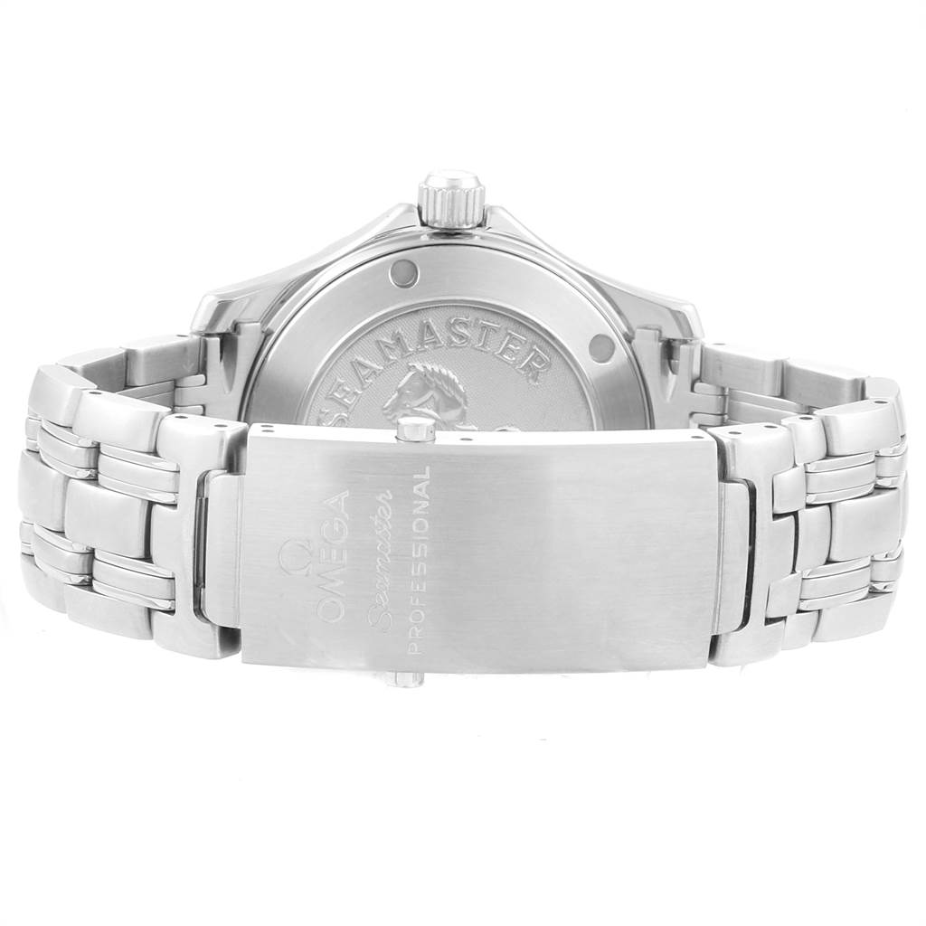 The image shows the back and bracelet clasp of an Omega Seamaster 2223.80.00 Men
s Stainless Steel Blue Dial 2223.80.00 Men
s Stainless Steel Blue Dial watch, highlighting its engraved back and metal link band.