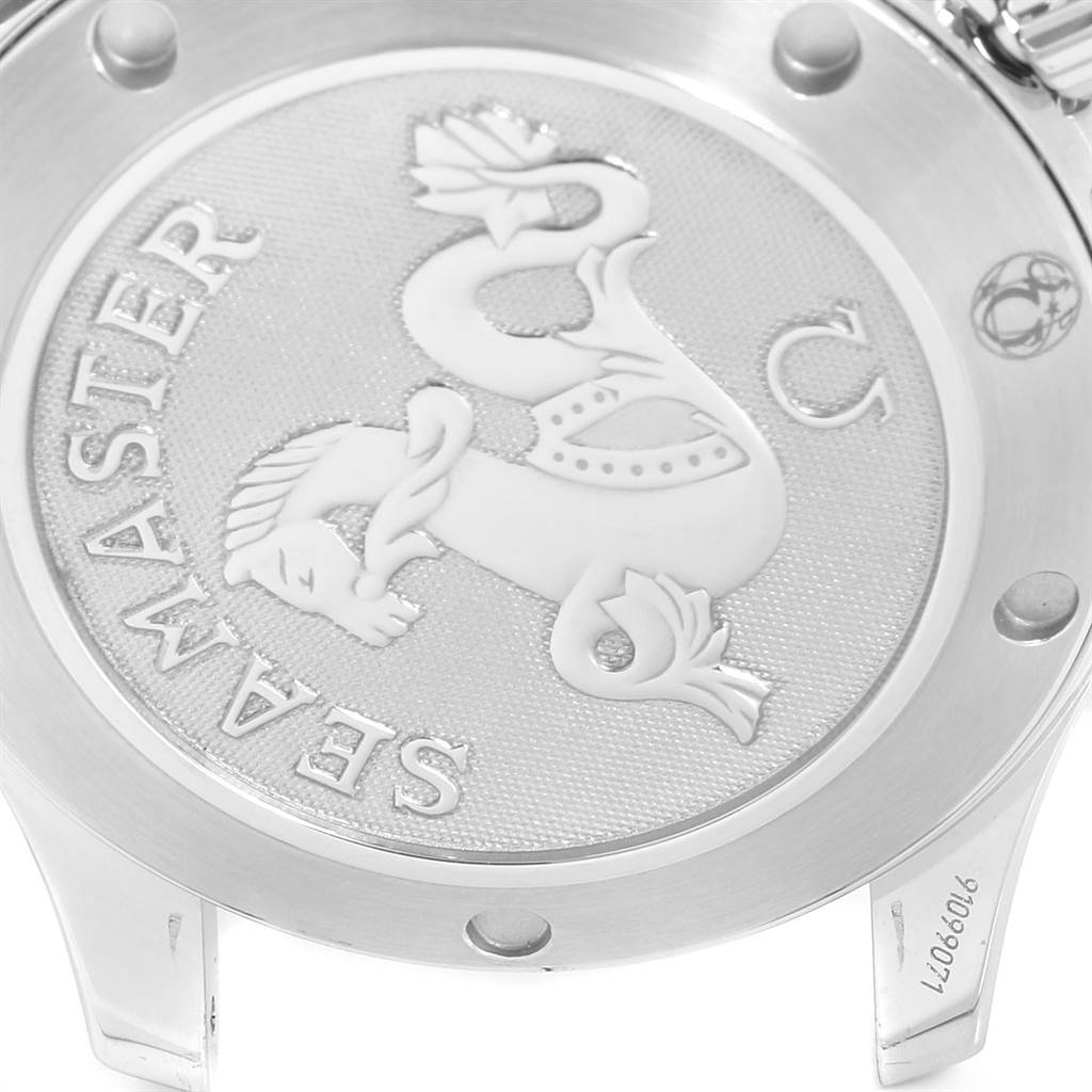 This image shows the back case of the Omega Seamaster 2223.80.00 Men
s Stainless Steel Blue Dial 2223.80.00 Men
s Stainless Steel Blue Dial watch, featuring the embossed seahorse logo and model name.