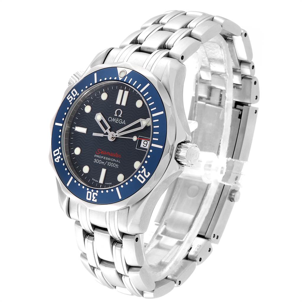 The Omega Seamaster 2223.80.00 Men
s Stainless Steel Blue Dial 2223.80.00 Men
s Stainless Steel Blue Dial watch is shown at a three-quarter angle, highlighting its blue bezel, stainless steel bracelet, and dial details.